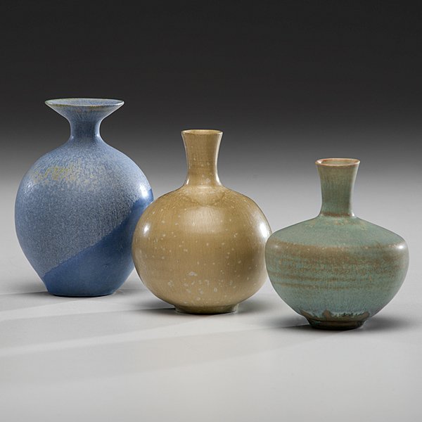 Laura Andreson (1902-99; USA) : Laura Andreson (1902-99; USA) Three Exceptional Bottles ca 1970 Porcelain Blue, ca 1972; ht. 4.5 in. Olive, ca 1981; ht. 4.25 in. Jade, ca 1980, ht. 4 in. Each signed and dated on base. Andre