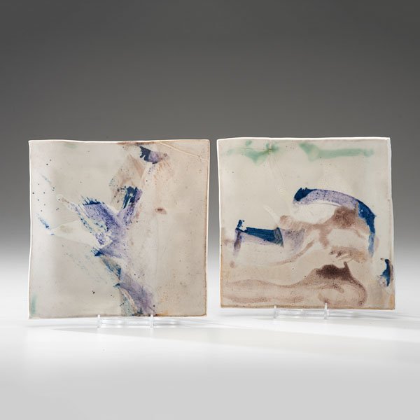 Toshiko Takaezu (1922-2011; USA) : Toshiko Takaezu (1922-2011; USA) Diptych ca 1970 Porcelain; ht. 8.5, dp. 8.5 in. Artist signature incised on verso. Created as a diptych, the beloved Takaezu was both painter and potter as can be