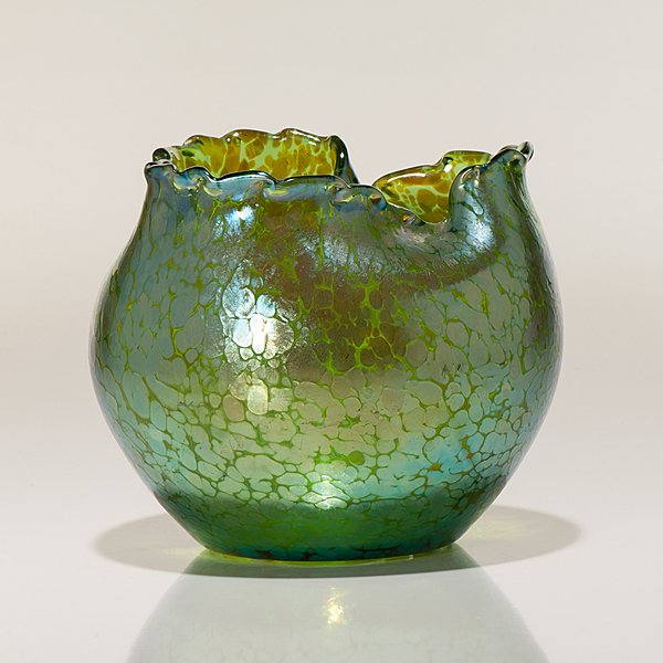 Loetz Creta Papillon Vase : Loetz Creta Papillon Vase Austrian, early 20th century. A Loetz creta papillon vase with a pinched rim and iridescent splotches of blue and green; ht. 5.5 in.