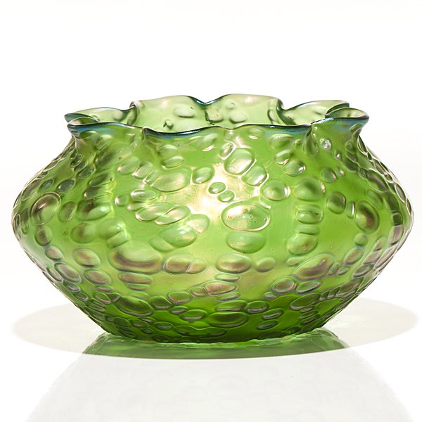 Loetz Diaspora Bowl : Loetz Diaspora Bowl Austrian, 20th century. A Loetz crete diaspora pattern bowl having a honeycombed surface against a green iridescent ground with a crimped rim; ht. 3.75 in., dia. 5 in.
