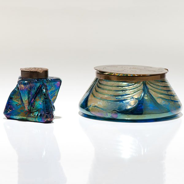 Wilhelm Kralik Sohn Geometric Inkwell and Loetz Art: Wilhelm Kralik Sohn Geometric Inkwell and Loetz Art Nouveau Powder Jar Bohemian, 20th century. Includes a Wilhelm Kralik Sohn geometric inkwell with iridescent glass and a bronze stylized lid. Lot a