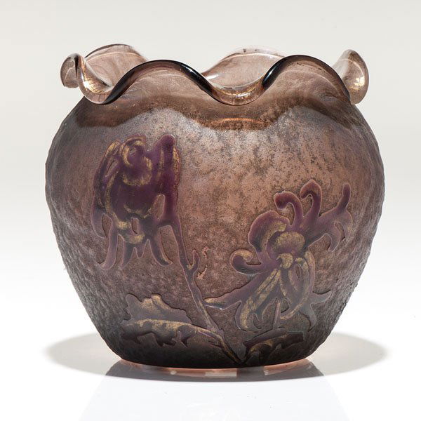 Daum Nancy Cameo Glass Iris Vase : Daum Nancy Cameo Glass Iris Vase French, early 20th century. A Daum Nancy cameo glass vase having purple cameo cut iris decorations with gilt highlights, and highlights around the fanned rim; Unders