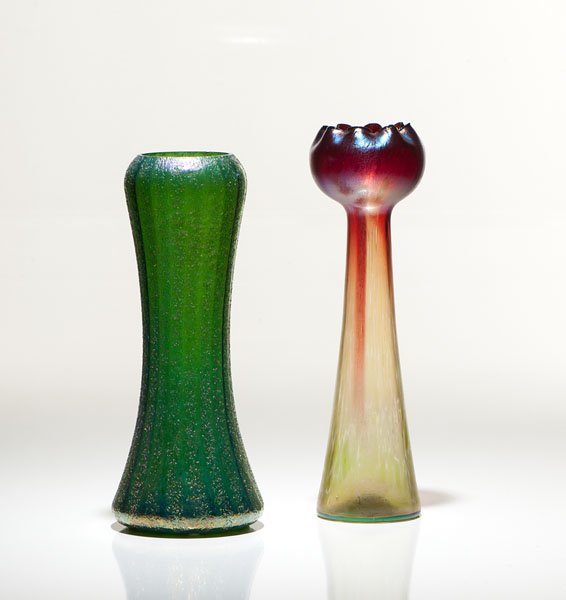 Bohemian Iridescent Art Glass Vases : Bohemian Iridescent Art Glass Vases Bohemian, early 20th century. A Rindskopf pepita hyacinth vase with blue and green iridescent glass and a crimped mouth. Lot also includes a Rindskopf or Loetz ty