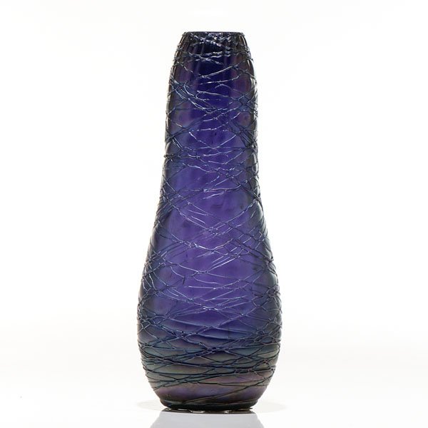 Bohemian Threaded Vase : Bohemian Threaded Vase Bohemian, 20th century. A threaded glass vase of tapering form, in a rich cobalt iridescent color. Attributed to Palme Konig or Kralik or possibly Loetz chine; ht. 12.25 in