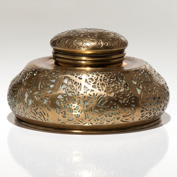 Tiffany Studios Grapevine Inkwell : Tiffany Studios Grapevine Inkwell A Tiffany Studios inkwell in the grapevine pattern with bronze over slag glass. Marked Tiffany Studios New York 847; dia. approx. 7 in.