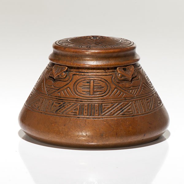 Tiffany Studios American Indian Inkwell : Tiffany Studios American Indian Inkwell A large Tiffany Studios bronze inkwell in the American Indian pattern. Underside marked Tiffany Studios New York 1183; ht. 3.75 in.