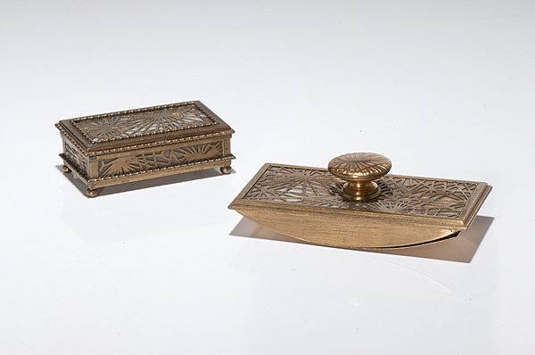 Tiffany Studios Pine Needle Stamp Box And Rocker: Tiffany Studios Pine Needle Stamp Box And Rocker Blotter A Tiffany Studios stamp box and rocker blotter in the pine needle patter with slag glass. Marked Tiffany Studios New York 801 and 995; l. 5.8