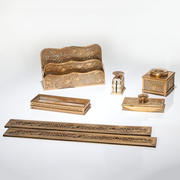 Tiffany Studios Pine Needle Desk Accessories : Tiffany Studios Pine Needle Desk Accessories Lot of six Tiffany Studios desk accessories in the pine needle and slag glass pattern, including a postal scale (872), a three tiered paper tray (1008)