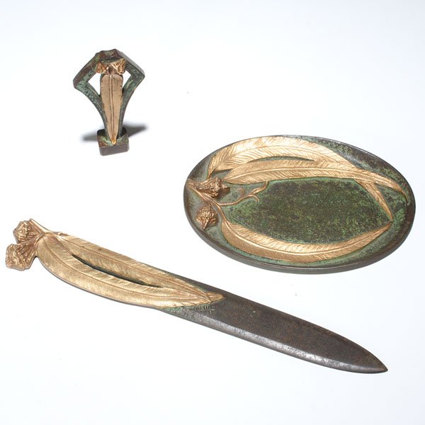 French Bronze Desk Set, Signed Clem : French Bronze Desk Set, Signed Clem French, 20th century. A three-piece bronze desk set with gilt decoration, in its original fitted case: a letter opener, a seal, and a small tray, all pieces sig