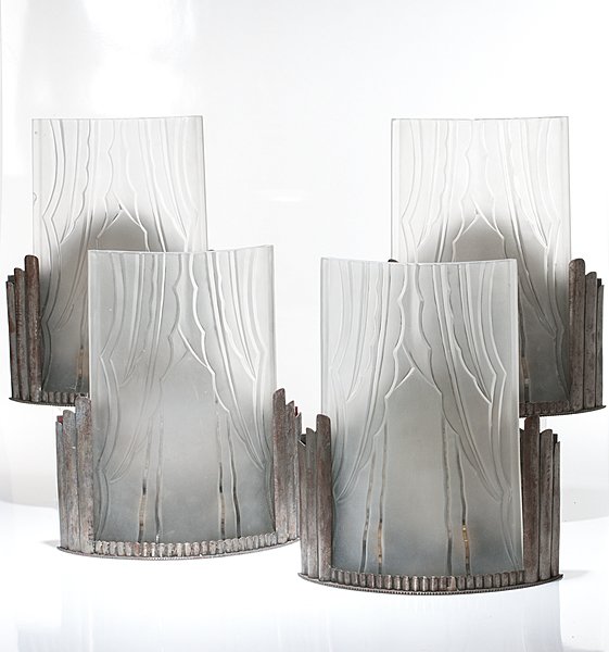 Sabino Art Deco Wall Sconces : Art Deco Wall Sconces French, 20th century. A group of four art deco wall sconces constructed of cut sheet metal and frosted glass. Marked Sabino 4836 France; ht. 15.5 in.