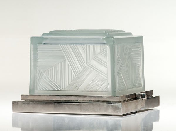 Art Deco Molded Glass Light Fixture, by Sabino : Art Deco Molded Glass Light Fixture, by Sabino French, 20th century. A Sabino art deco molded glass light fixture, featuring a square geometric design. The interior lip of the glass is marked Sabin