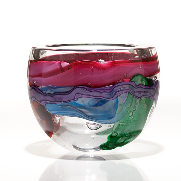 Leon Applebaum Art Glass Bowl : Leon Applebaum Art Glass Bowl American, 20th century. An art glass bowl with internal bubbles and bands of pink, purple, blue, green and red. Bottom etched Leon Applebaum; ht. 6.75 in., dia. 7.5 in.