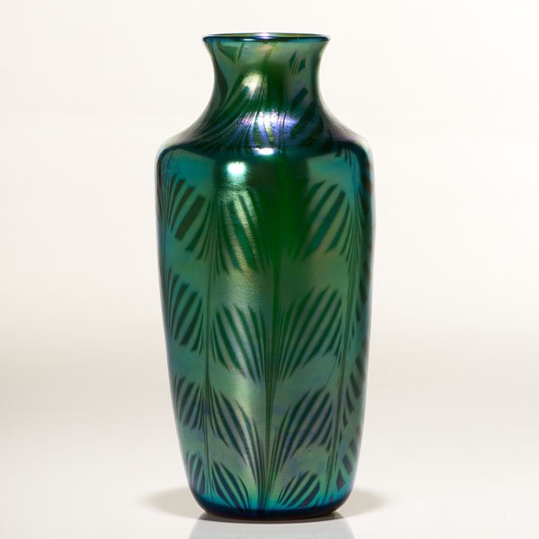 Orient & Flume Peking Green Iridescent Fishnet Vase : Orient & Flume Peking Green Iridescent Fishnet Vase American, 1983. An Orient & Flume Peking green iridescent fishnet vase with purple and blue iridescent tones. Underside marked Orient & Flume 1983