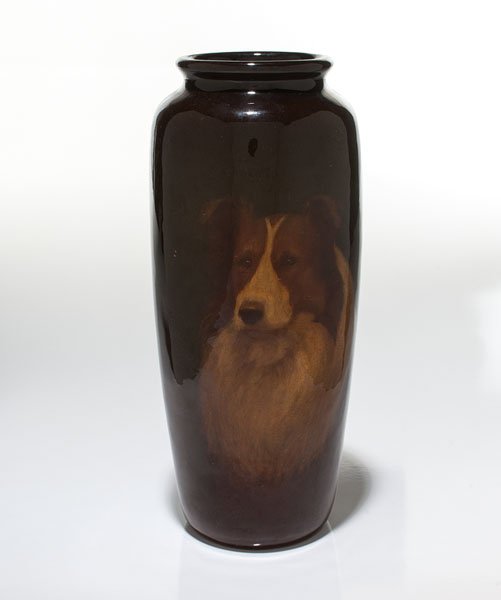 Rookwood Standard Glaze Vase With Collie, by E.T.: Rookwood Standard Glaze Vase With Collie, by E.T. Hurley American (Cincinnati), 1904. A Rookwood standard glaze vase designed with a collie dog, executed by E.T. Hurley, with Rookwood logo, 1904 d