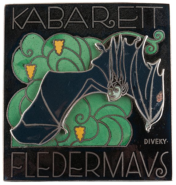 Kabarett Fledermaus Enameled Plaque, by Josef Diveky : Kabarett Fledermaus Enameled Plaque, by Josef Diveky Josef Diveky (Hunagrian, 1887-1951). An enameled plaque for the opera Die Fledermaus created by Wiener Werkstatte artist Josef Diveky; 3.25 x 3 i