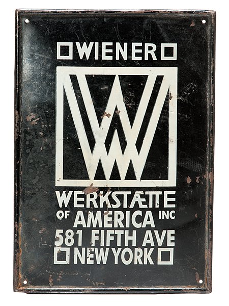 Wiener Werkstatte of America Plaque and Printed: Wiener Werkstatte of America Plaque and Printed Vouchers A Wiener Werkstatte metal store sign reading Wiener Werkstatte of America Inc. / 581 Fifth Ave. / New York in white lettering against a bl