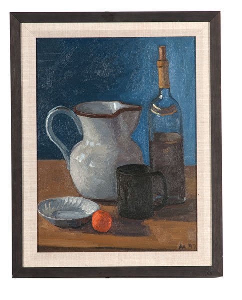Still Life with Pitcher, Bottle, Mug, Plate, and Fruit: Still Life with Pitcher, Bottle, Mug, Plate, and Fruit by Alfredo Antognini Alfredo Antognini (Argentinian born, San Diego based, b. 1938). Oil on canvas, housed in wood frame. A still life showing 