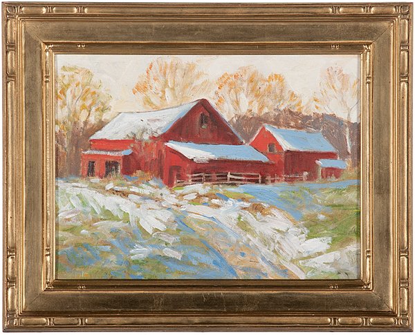 Landscape with House Attributed to Winfield Scott: Landscape with House Attributed to Winfield Scott Clime Winfield Scott Clime (American, 1881-1958). Oil on board housed in a Newcomb-Macklin frame. A rural scene with two red houses on a hill and tr