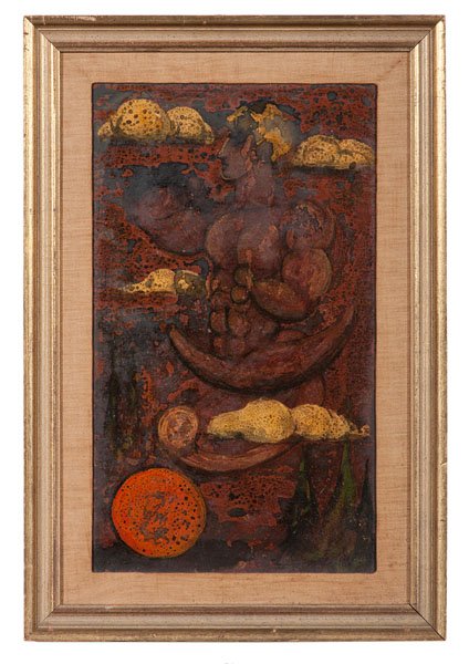 Abstract Composition by Clifford Wright : Abstract Composition by Clifford Wright Clifford Wright (American, 1919-1999). Oil on board, unsigned by signed and inscribed with illegible title on verso; 19.25 x 11.25 in. (sight)