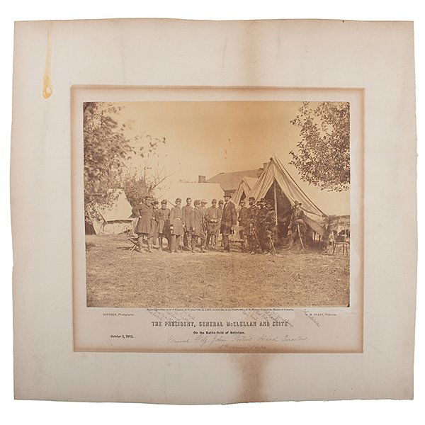 President Lincoln at Battlefield of Antietam: President Lincoln at Battlefield of Antietam, Photograph by Alexander Gardner, Descended in the Family of Gen. Fitz John Porter Fine albumen photograph, 7 x 9 in., on 13 x 14 in. cream-colored