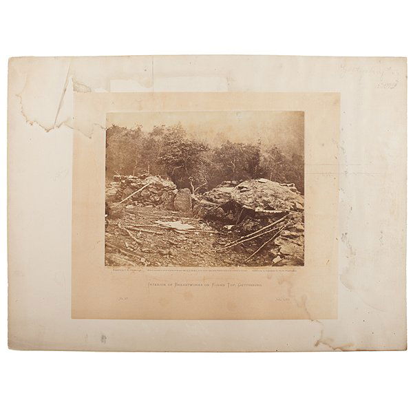Alexander Gardner Albumen Photo, Interior of Round Top: Alexander Gardner Albumen Photograph, Interior of Breastworks On Round Top, Gettysburg Albumen photograph, 6.75 x 9 in., mounted, 13 x 17.75 in. From Gardner's Incidents of the War. Negative by T
