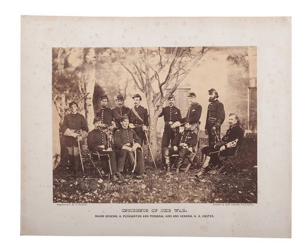 Alexander Gardner Albumen Photo, Maj.Gen. A. Pleasonton: Alexander Gardner Albumen Photograph, Major General A. Pleasonton and Personal Aids and General G.A. Custer Albumen photograph, 6.75 x 9 in., on 10 x 12 in. mount with the imprinted title Major Ge