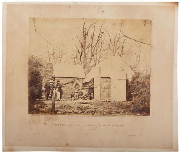 Alexander Gardner Albumen Photograph of Third Army: Alexander Gardner Albumen Photograph of Third Army Corps Headquarters at Brandy Station Albumen Photograph, 6.75 x 8.75 in., mounted, 10.5 x 12.5 in. From Gardner's Incidents of the War, plate 52,