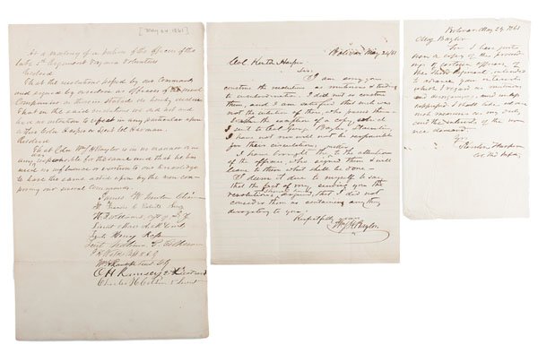 Kenton Harper, Letters & Petition Regarding May 1861: Kenton Harper, Letters & Petition Regarding May 1861 Challenge Lot of 3 letters concerning a challenge that Colonel Kenton Harper faced in May of 1861, including: ALS, Major William Smith Hanger Bay
