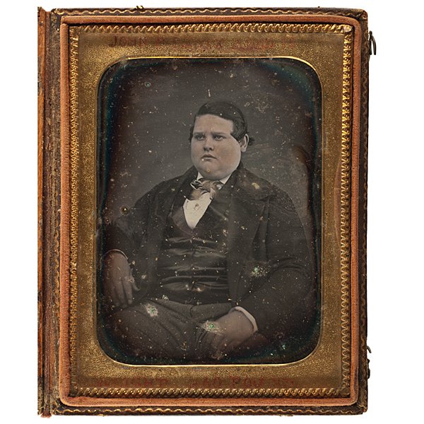 Quarter Plate Daguerreotype of John A.P. Fisk,: Quarter Plate Daguerreotype of John A.P. Fisk, President of NYC "Fat Men's Club," by Knapp Quarter plate daguerreotype under a mat inscribed in red ink John A.P. Fisk Aged 15/ Weight 360 Pounds, h