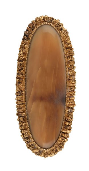 Gold Nugget and Carved Walrus Tusk Brooch from Suter's,: Gold Nugget and Carved Walrus Tusk Brooch from Suter's, Fairbanks, Alaska High karat, covered bar brooch, likely 24k, with Alaskan gold nugget border, set with carved, ellipse-shaped walrus tusk.