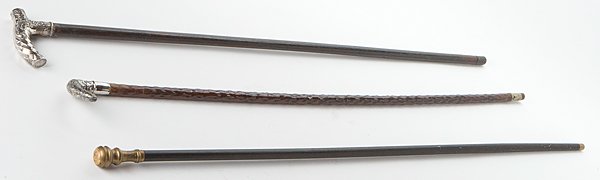 Walking Sticks and Canes : Walking Sticks and Canes 19th century. A group of three canes, two having sterling handles each struck with illegible marks, one with a brass knob decorated with a seal depicting an eagle, crown 