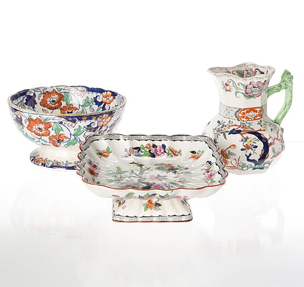 English Ironstone Pieces : English Ironstone Pieces English, 19th century. An assembled group of ironstone pieces including a footed compote, pitcher and footed bowl, each with polychrome floral decorations, compote marked V