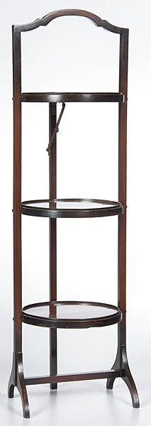 Folding Cake Stand : Folding Cake Stand A folding, three-tier cake stand having burl, molded edge dishes, a shaped handle and two supports terminating in arched legs; ht. 35.5, dia. 9.25 in.