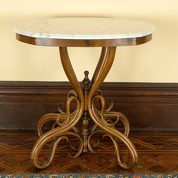 Thonet Bentwood Occasional Table : Thonet Bentwood Occasional Table Austrian. A Thonet bentwood occasional table with marble top, over a bentwood pedestal base with turned standard; ht. 31.5, wd. 31, dp. 24 in.