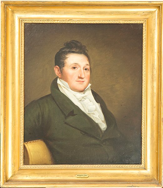 American Portrait of A Gentleman : American Portrait of A Gentleman American, ca 1800-1810. An oil on canvas of a seated gentleman in a ruffled collar shirt with a heavy woolen coat, in the manner of Rembrandt Peale (American, 177