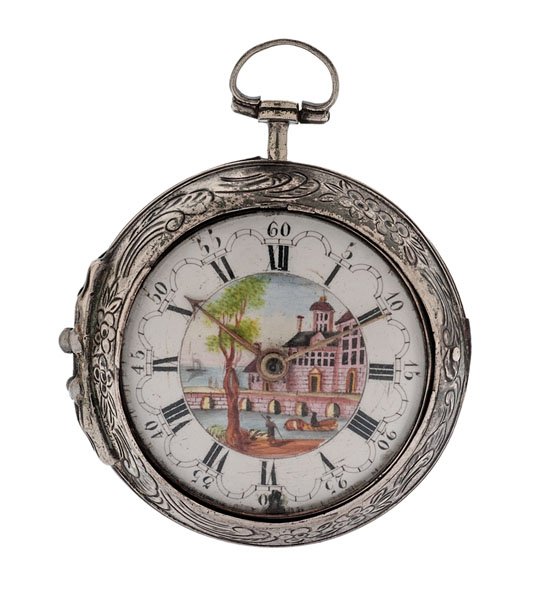 John Worke Silver Repoussé Paired-Case Pocket Watch Ca.: John Worke repoussé paired case pocket watch, ca 1760-1785. John Worke movement number 8692. Silver repoussé outer case. White porcelain dial with painted river scene, Roman numerals and arcaded min
