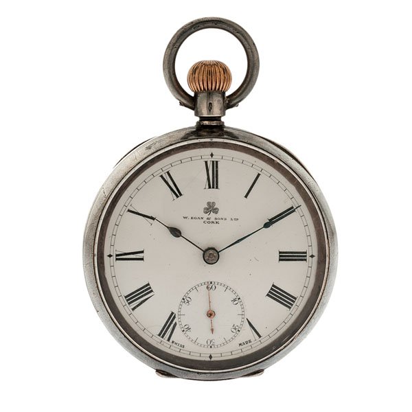 W. Egan & Sons Open-Face Pocket Watch : W. Egan & Sons Ltd. size 14 open-face pocket watch in .935 silver. Case double signed 1959531. Movement unsigned. White porcelain dial with countersunk sub-seconds dial. Beveled crystal. Blued spade h