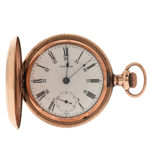 Waltham Canadian Model Hunter-Case Pocket Watch : A Waltham size 18 hunter-case pocket watch. Canadian railroad dial with 24 hour marks. Countersunk sub-seconds dial at 6 o'clock. Blued spade hands. Cashier 20-year case. Case quadruple signed 224816.