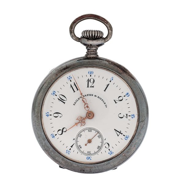 Bailey, Banks and Biddle Co. .935 Silver Cased Pocket: A .935 silver open-faced size 2/0 pocket watch from Bailey, Banks and Biddle Co. of Philadelphia, Pennsylvania. Case double signed 1125619. Dust cover engraved "To A.L." Case back monogrammed. White d