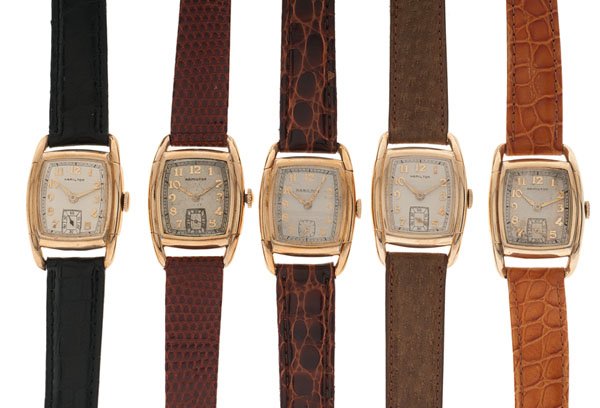 Hamilton "Dodson" Wrist Watches : A group of five Hamilton "Dodson" models, ca 1938-1948. All Wadsworth 10k gold filled cases. Various styles of leather straps. All have Hamilton 987A mechanical movements.