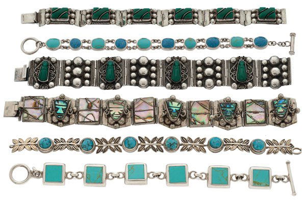 Silver Bracelets with Gemstones : A nice grouping of six bracelets, mostly made in Mexico, set with various stones including abalone, turquoise and others. 109.7 dwt.