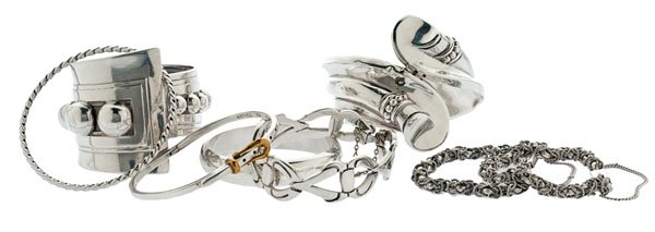 Sterling Silver Bracelets In a Group of Eight : Eight sterling bracelets. Six marked Mexico. Two unmarked. Lot includes a belt buckle bracelet, two woven Byzantine bracelets, four bangle bracelets and a heavy link bracelet. 157.7 dwt.