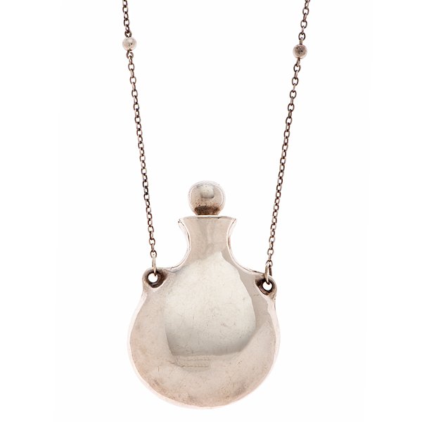 Tiffany & Co. Elsa Peretti Sterling Silver Perfume: A Tiffany & Co. sterling silver perfume bottle with stopper designed by Elsa Peretti. Sterling silver chain with silver balls. 2" x 1.5". With pouch. 26" 16.7 dwt.