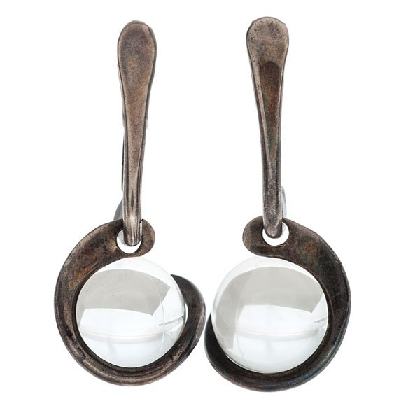 Art Smith Glass Bead Sterling Silver Earrings : A pair of Art Smith sterling silver dangle earrings. Hand-crafted silver frames containing one 12mm round glass bead in each. Non-pierced screw backs. 1.5 in. length Arthur Smith was born to Jamaica