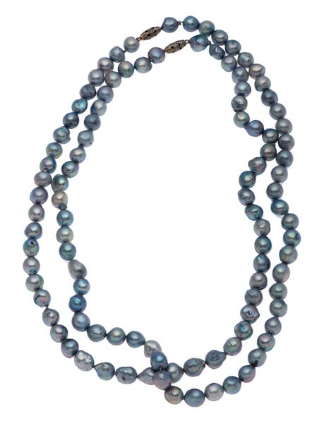 Buccellati Baroque Pearl Strands with 18 Karat Gold: Two strands of blue/grey iridescent baroque pearls purchased from Buccellati in Rome ca 1960. Hand-made and engraved 18k white and yellow gold clasps. One strand is 23" the other is 21.5". Can be clip