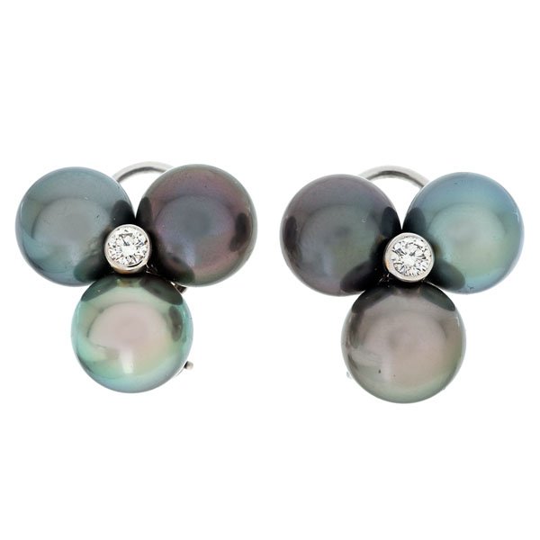 Mish of New York South Sea Pearl and Diamond Earrings : Mish of New York 18 karat white gold earrings featuring six 10mm medium to high luster Tahitian and South Sea pearls without blemishes. The earrings also contain two VVS1-2, I-J color round brilliant 