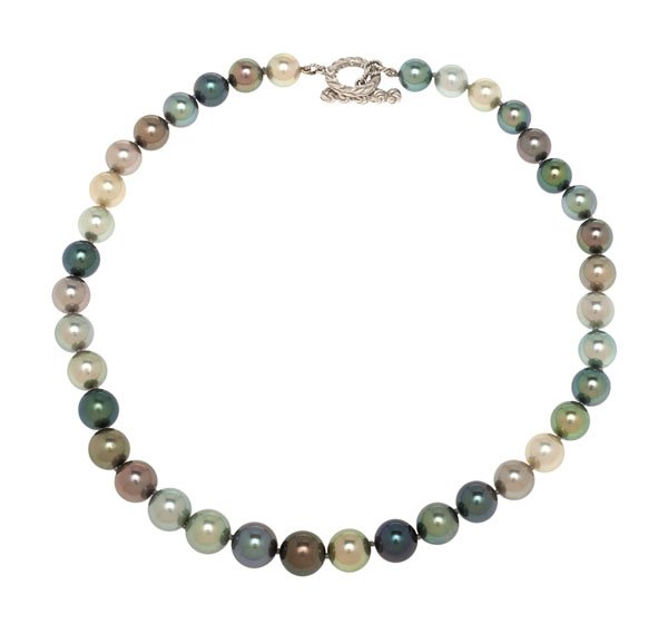 Mish of New York Laurel Wreath Tahitian Pearl Necklace : Mish of New York 17" pearl necklace containing 38 multi-color natural and enhanced Tahitian and South Sea pearls graduated from 9mm to 10.5mm with medium to high luster and an 18 karat white gold Mish