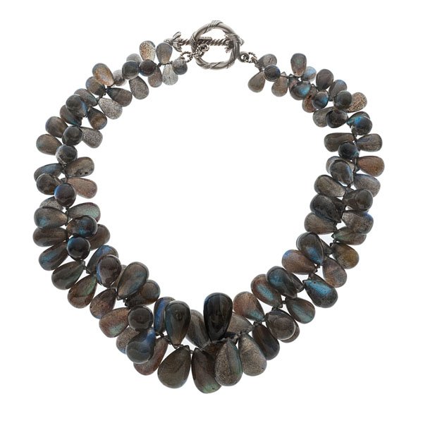 Mish of New York 18 Karat Labradorite Black-Eyed Susan: Mish of New York 17" necklace with pear-shaped iridescent labradorite beads and an 18k white gold Black-Eyed Susan toggle clasp.