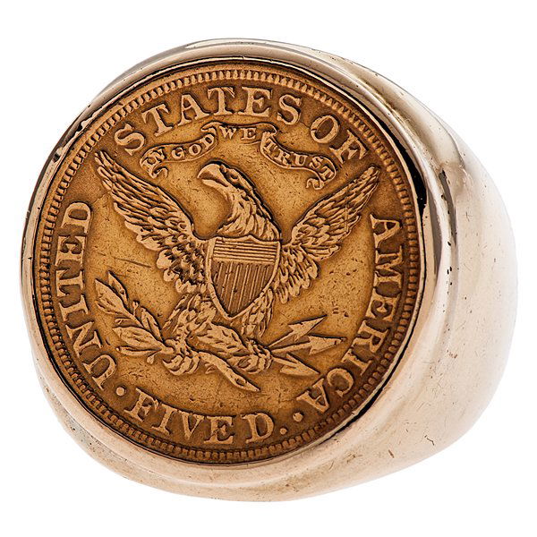 1881 Coin Ring in 14 Karat : A 14k yellow gold ring featuring one bezel set 1881 United States of America five dollar coin with the United States seal on the front and Lady Liberty on the back dated 1881. 20.1 dwt. Size 10
