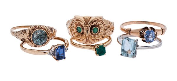 Emerald Owl Ring in 14 Karat, PLUS : A group of six 10k and 14k yellow and white gold rings with various gemstones. The first ring is 10k yellow gold with a 7mm round blue zircon and a floral design on the band. Size 8. The second ring i